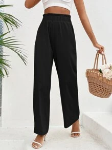 SHEIN VCAY Paperbag Waist Slant Pocket Wide Leg Trousers - Black - View 5
