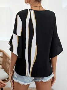 SHEIN Clasi Colorblock Flounce Sleeve Button Front Blouse - Black - View 2