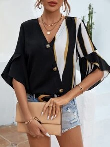 SHEIN Clasi Colorblock Flounce Sleeve Button Front Blouse - Black - View 3