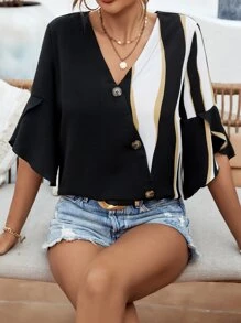 SHEIN Clasi Colorblock Flounce Sleeve Button Front Blouse - Black - View 4