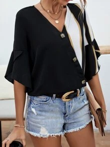 SHEIN Clasi Colorblock Flounce Sleeve Button Front Blouse - Black - View 5