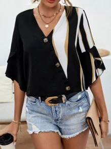 SHEIN Clasi Colorblock Flounce Sleeve Button Front Blouse - Black - View 6