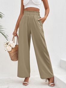 SHEIN VCAY 紙袋腰斜口袋闊腿褲 - 卡其色 - 查看 1