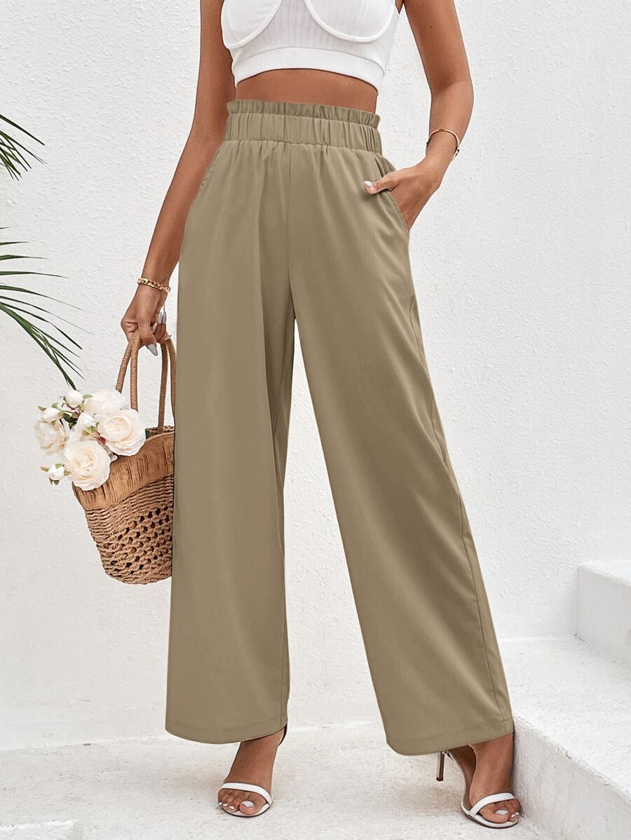 SHEIN VCAY 紙袋腰斜口袋闊腿褲 - 卡其色 - 查看 1