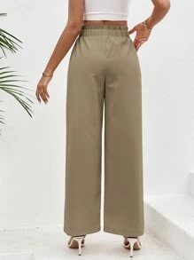 SHEIN VCAY 紙袋腰斜口袋闊腿褲 - 卡其色 - 查看 2