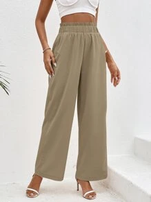 SHEIN VCAY 紙袋腰斜口袋闊腿褲 - 卡其色 - 查看 3