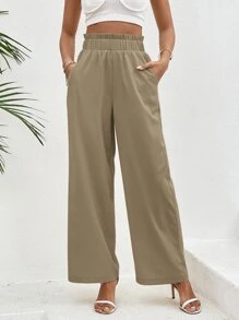 SHEIN VCAY 紙袋腰斜口袋闊腿褲 - 卡其色 - 查看 4