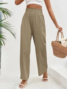 SHEIN VCAY 紙袋腰斜口袋闊腿褲 - 卡其色 - 查看 5