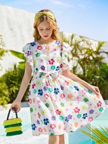 SHEIN Đầm Gái Thắt lưng Xù Dây kéo Hoa Tất cả trên in Boho - Nhiều màu - Xem 3