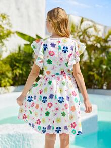 SHEIN Đầm Gái Thắt lưng Xù Dây kéo Hoa Tất cả trên in Boho - Nhiều màu - Xem 2