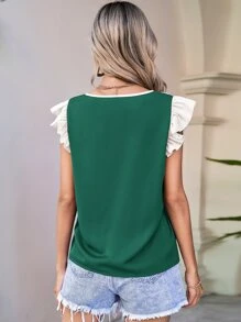 SHEIN LUNE Blusa de color combinado ribete con fruncido - Verde - Ver 2