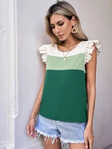 SHEIN LUNE Blusa de color combinado ribete con fruncido - Verde - Ver 3