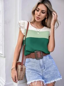 SHEIN LUNE Blusa de color combinado ribete con fruncido - Verde - Ver 5