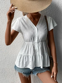 SHEIN VCAY 網眼刺繡蝴蝶袖荷葉邊前紐扣荷葉邊下擺網眼刺繡T恤 - 白色 - 查看 5