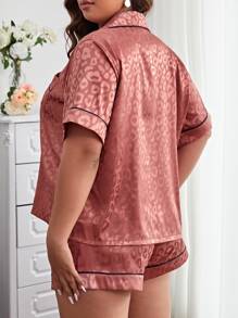 Plus Leopard Jacquard Contrast Piping Satin PJ Set / Pajama Set - Rusty Rose - View 2