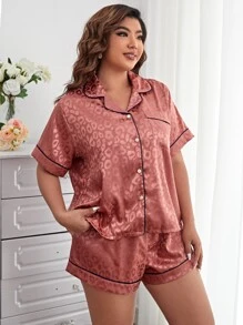Plus Leopard Jacquard Contrast Piping Satin PJ Set / Pajama Set - Rusty Rose - View 3