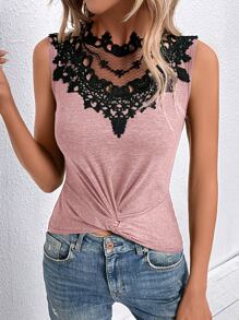 SHEIN Clasi 水溶蕾絲拼接前扭結背心上衣 - 粉色 - 查看 3