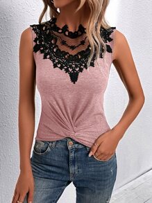 SHEIN Clasi 水溶蕾絲拼接前扭結背心上衣 - 粉色 - 查看 4