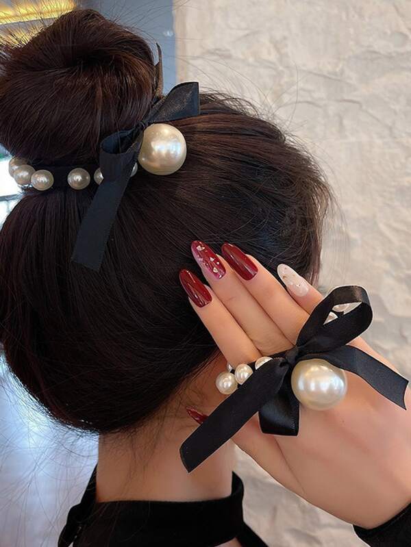 2 buc tăiate perle artificiale și funde decorative cravate de păr elegante pentru coadă de cal elastice de păr benzi de cauciuc scrunchies frânghie de păr elastică cravată de păr