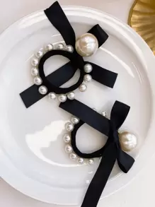 2 chiếc dây buộc tóc trang trí ngọc trai giả và nơ, dây chun buộc tóc, dây buộc tóc co giãn, quà tặng phụ kiện tóc, phụ kiện đội đầu, dây chun buộc tóc - Đen và trắng - Xem 3