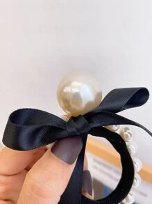 2 chiếc dây buộc tóc trang trí ngọc trai giả và nơ, dây chun buộc tóc, dây buộc tóc co giãn, quà tặng phụ kiện tóc, phụ kiện đội đầu, dây chun buộc tóc - Đen và trắng - Xem 4