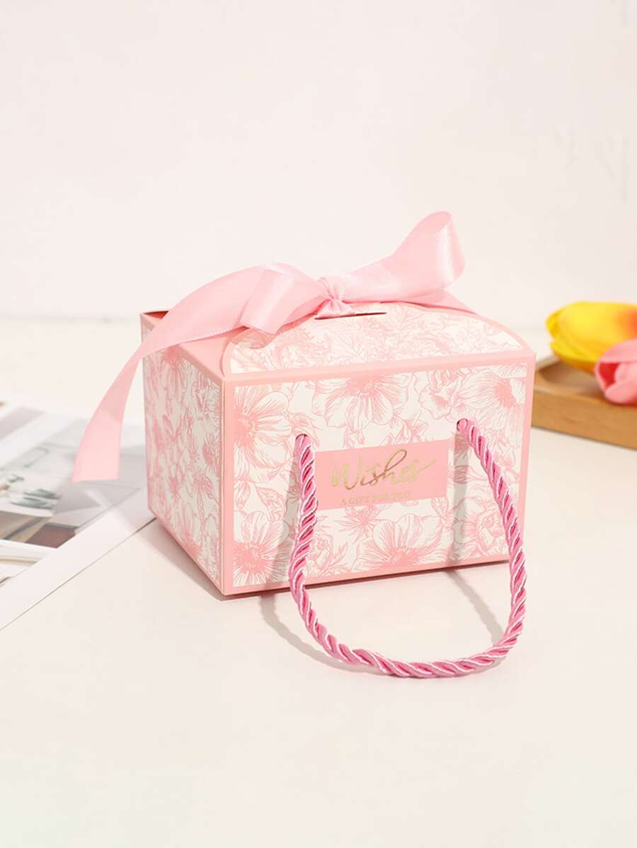 6pcs/set Paper Gift Box, Floral & Slogan Graphic Bow Decor Gift Packaging Box For Birthday Party - Pink - View 1