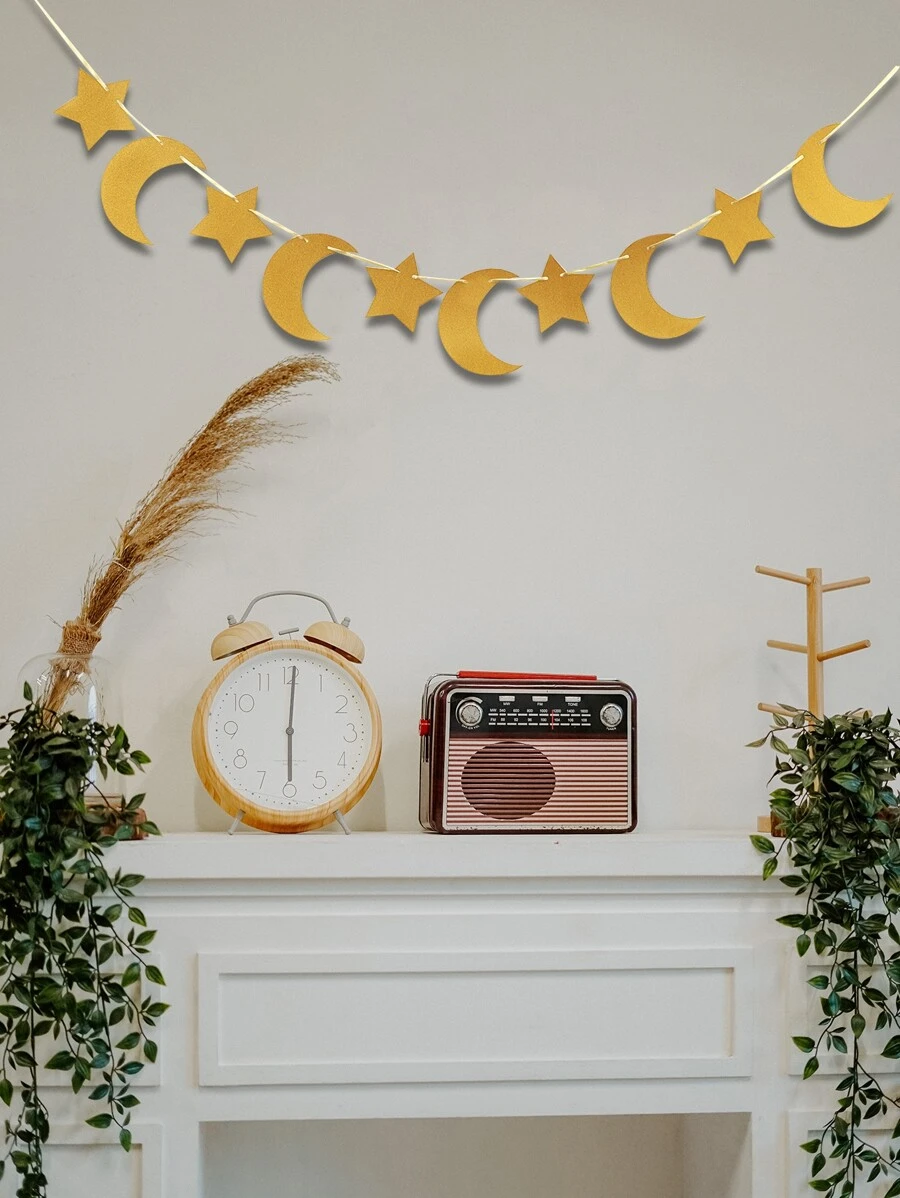 1 Ngôi Sao & Mặt Trăng Biểu Ngữ Trang Trí, Giấy Đơn Giản Chi Tiết Lấp Lánh Kéo Cờ Cho Đảng, Ngày Lễ - Vàng - Xem 1