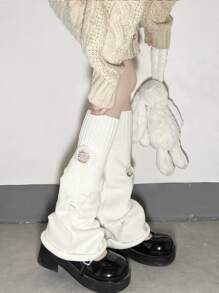 1雙女孩素色和裝飾闊腿針織襪子有孔,合適適合春天,秋天和冬天 - 白色 - 查看 1