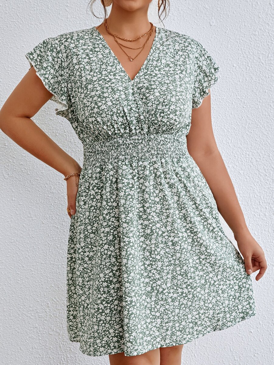 SHEIN Frenchy Plus Ditsy Floral Print Butterfly Sleeve Dress - Multicolor - View 1