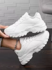 NỮ Giày thể thao Chunky Mặt trước thắt dây Giúp đỡ thấp Giày thể thao Trắng , Của phụ nữ Da giả Điền kinh Giày Chạy bộ In Trắng Màu thuần - trắng - Xem 1