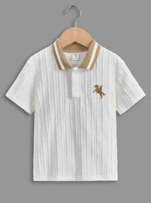 SHEIN 男童休閒舒適寬鬆馬刺繡圖案翻領 Polo 衫