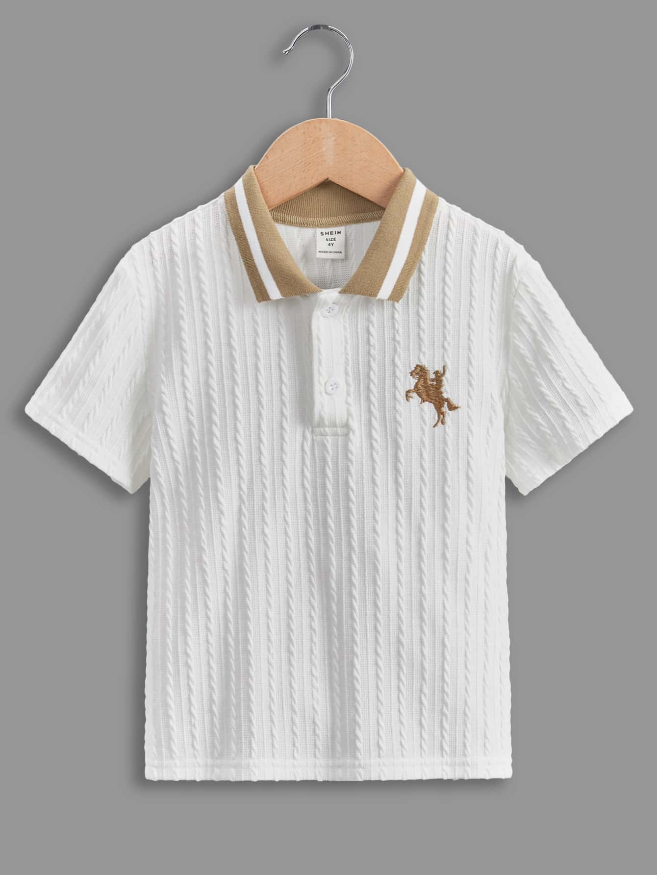 SHEIN 男童休閒舒適寬鬆馬刺繡圖案翻領 Polo 衫