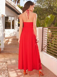 SHEIN VCAY Cut Out Tie Backless Halter Dress - Red - View 2