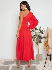 SHEIN VCAY One Shoulder Lantern Sleeve Belted Dress - Red - View 2