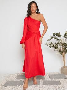 SHEIN VCAY One Shoulder Lantern Sleeve Belted Dress - Red - View 5