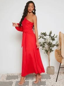SHEIN VCAY One Shoulder Lantern Sleeve Belted Dress - Red - View 6