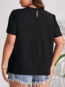 SHEIN Frenchy Plus Guipure Lace Panel Puff Sleeve Blouse - Black - View 2