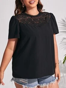 SHEIN Frenchy Plus Guipure Lace Panel Puff Sleeve Blouse - Black - View 3