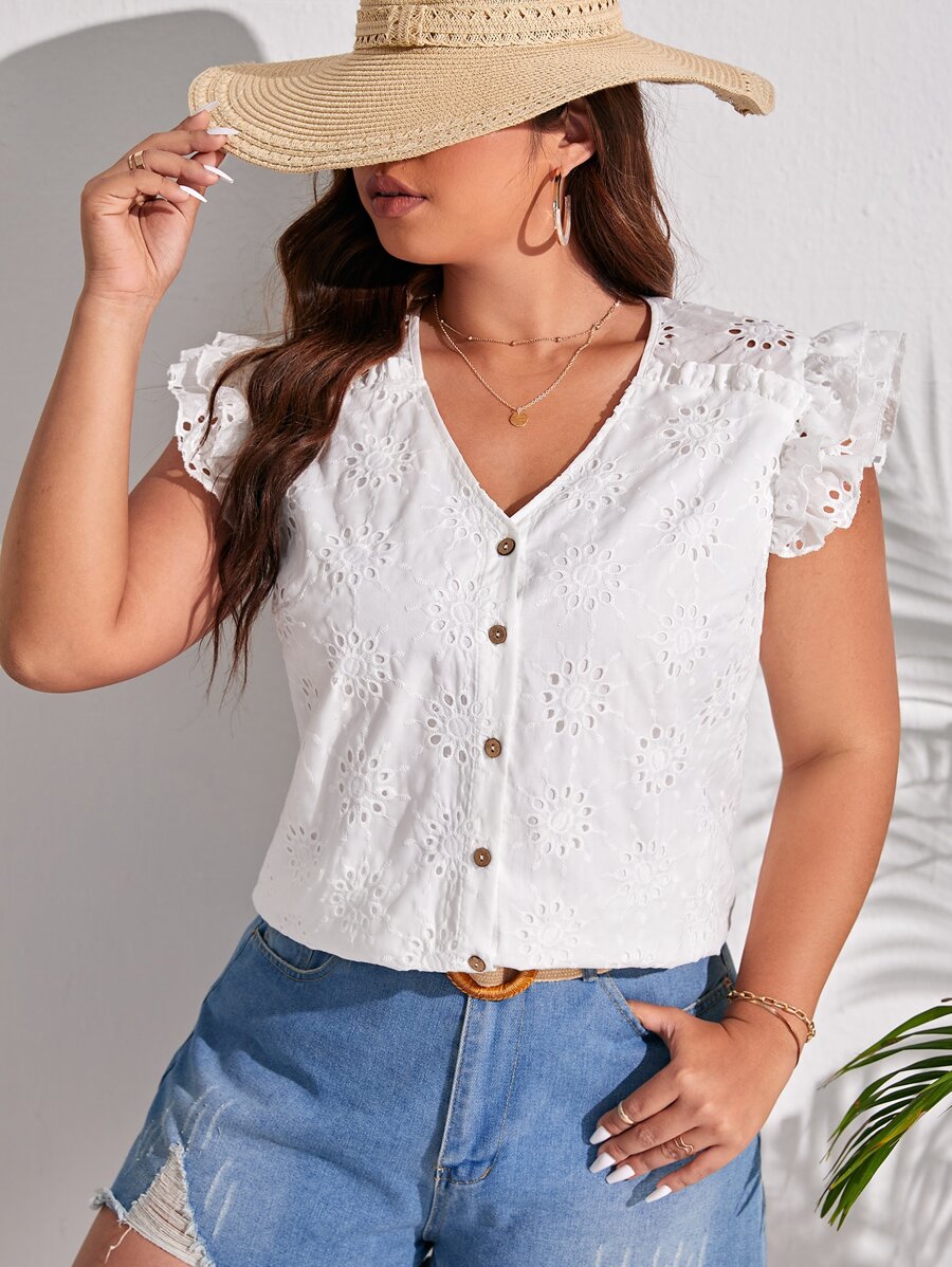 SHEIN Frenchy Plus Eyelet Embroidery Butterfly Sleeve Button Front Blouse - White - View 1