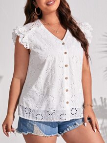 SHEIN Frenchy Plus Eyelet Embroidery Butterfly Sleeve Button Front Blouse - White - View 3
