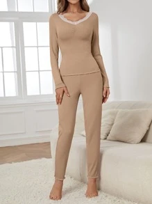 对比色蕾丝生菜边褶饰睡衣套装/睡衣套装 - 卡其色 - 查看 3