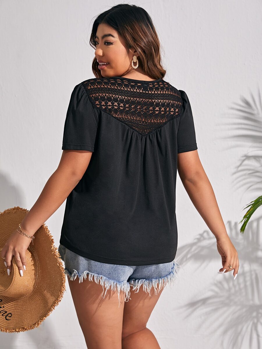 SHEIN Frenchy Plus Guipure Lace Insert Tee - Black - View 1