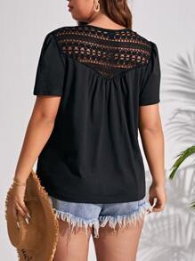 SHEIN Frenchy Plus Guipure Lace Insert Tee - Black - View 3