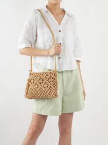 極簡鏤空草編包 - 卡其色 - 查看 3