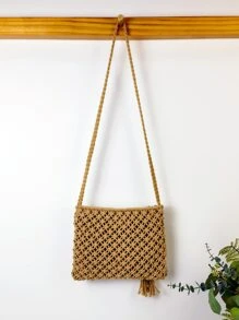極簡鏤空草編包 - 卡其色 - 查看 4