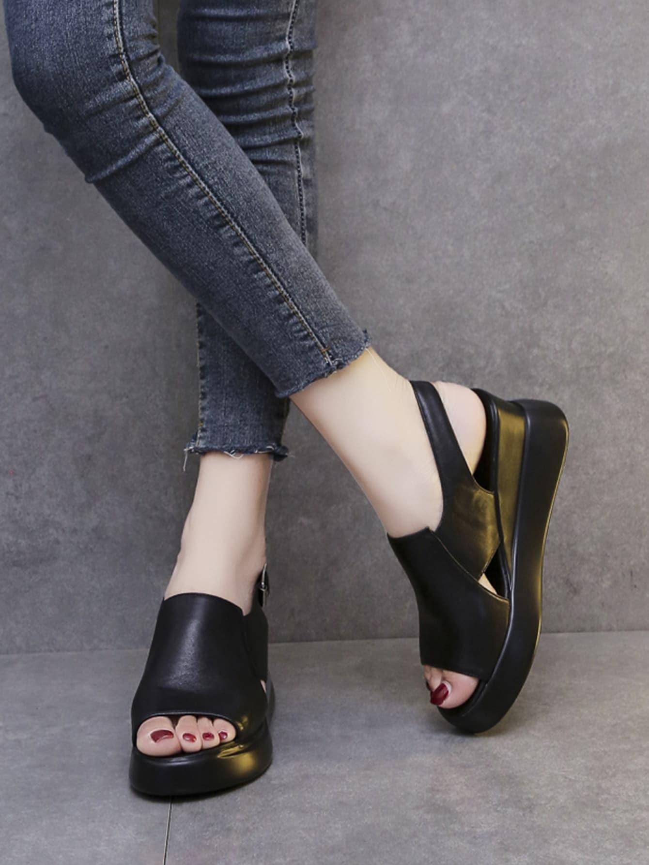 Elegant Slingback Wedge Sandals, Women Cut Out Design Sandals - Black - View 1