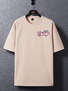 Manfinity Campus Court 男士字母圖案落肩T恤 - 杏色 - 查看 2