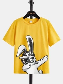 SHEIN Tween Boys' Knitted Comfortable Cartoon Pattern Casual Round Neck Short Sleeve T-Shirt - Yellow - View 2