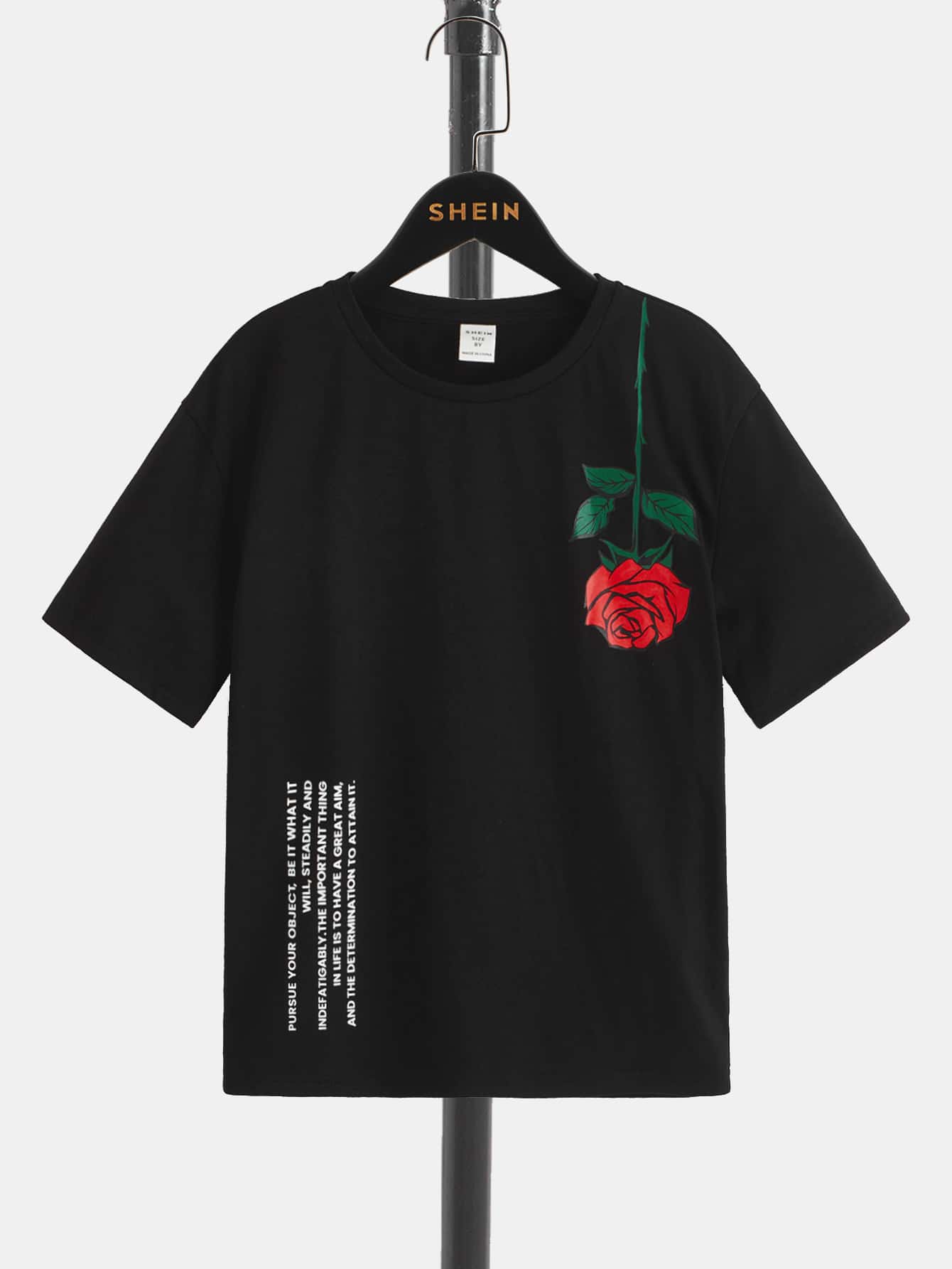 SHEIN Leap Crew Áo thun dệt kim thoải mái rộng rãi in họa tiết hoa và chữ tối giản cho bé trai tuổi mới lớn - màu đen - Xem 1