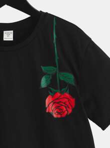 SHEIN Leap Crew Áo thun dệt kim thoải mái rộng rãi in họa tiết hoa và chữ tối giản cho bé trai tuổi mới lớn - màu đen - Xem 4